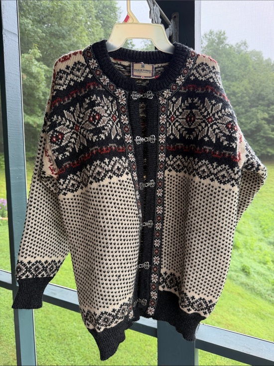 Dale of Norway Sweaters - Black & Cream Norwegian Wool Cardigan with Red Accents
